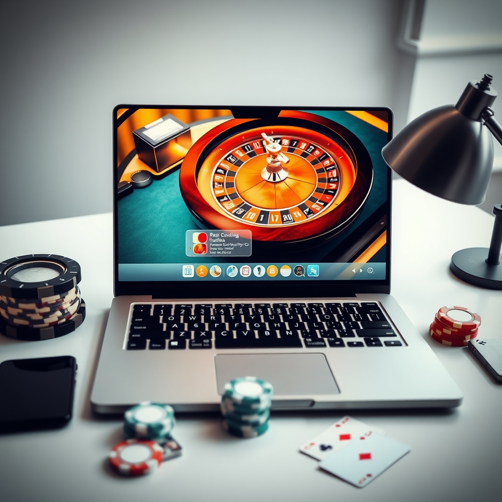 A Practical Guide to online casinos Singapore Laptop displaying an online casino roulette game with playing cards and casino chips beside the keyboard