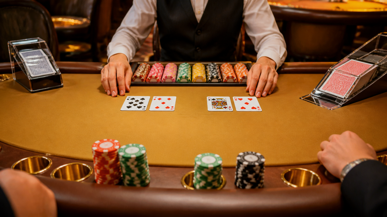 Bàn baccarat với bài và phỉnh trong một ván chơi tại sòng bạc