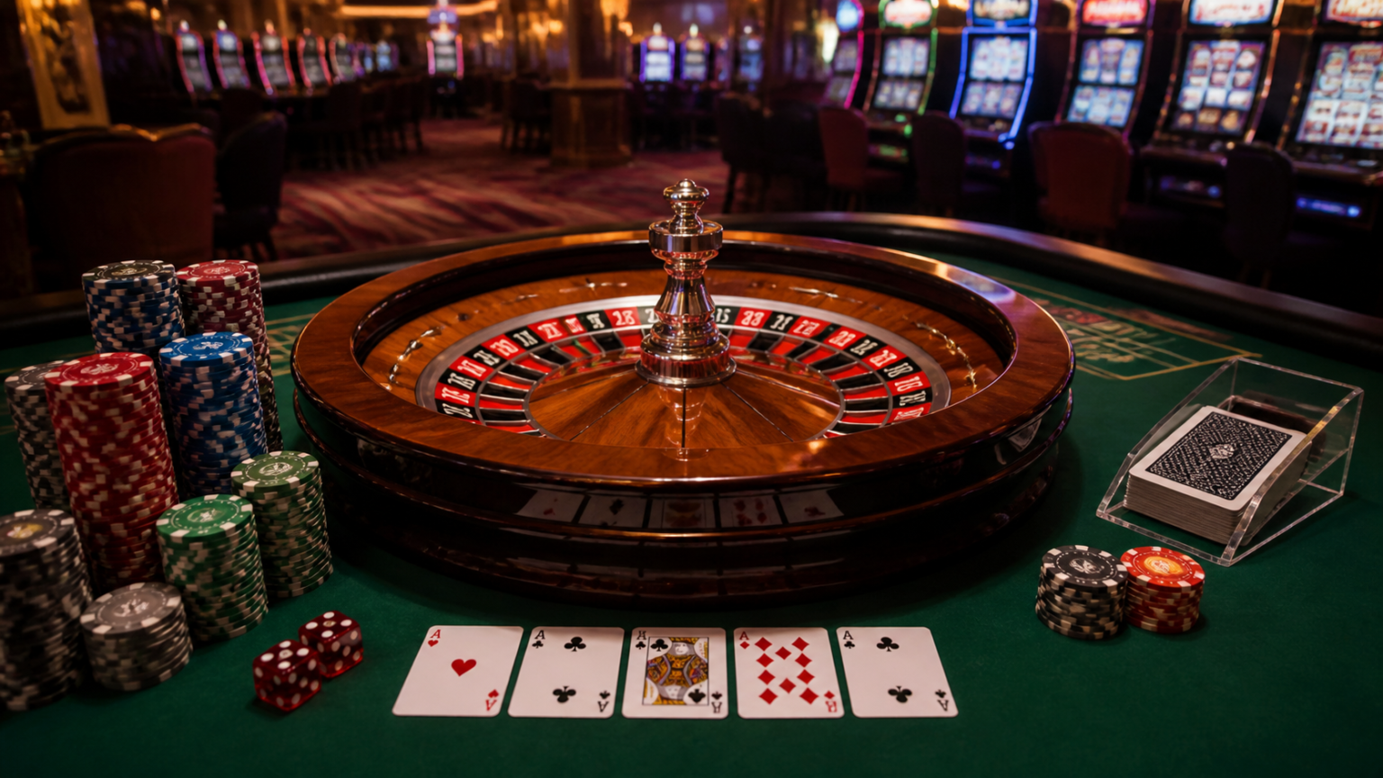 Best Online Casino Guide for Smarter Play and Better Choices Casino gaming area with slot machines, cards, and roulette table