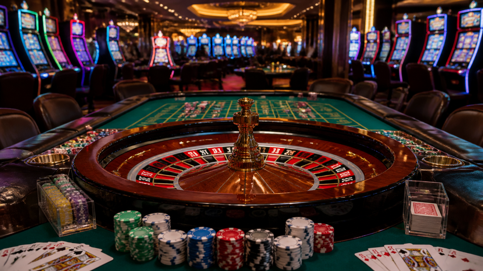 Casino gaming table with cards, chips, and roulette wheel