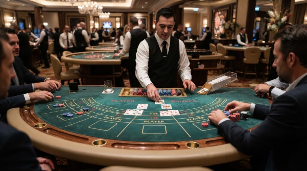 Chơi Baccarat Online Uy Tín: Hướng Dẫn Chi Tiết Cho Người Mới Bàn chơi baccarat sòng bài sang trọng với bài và phỉnh cược