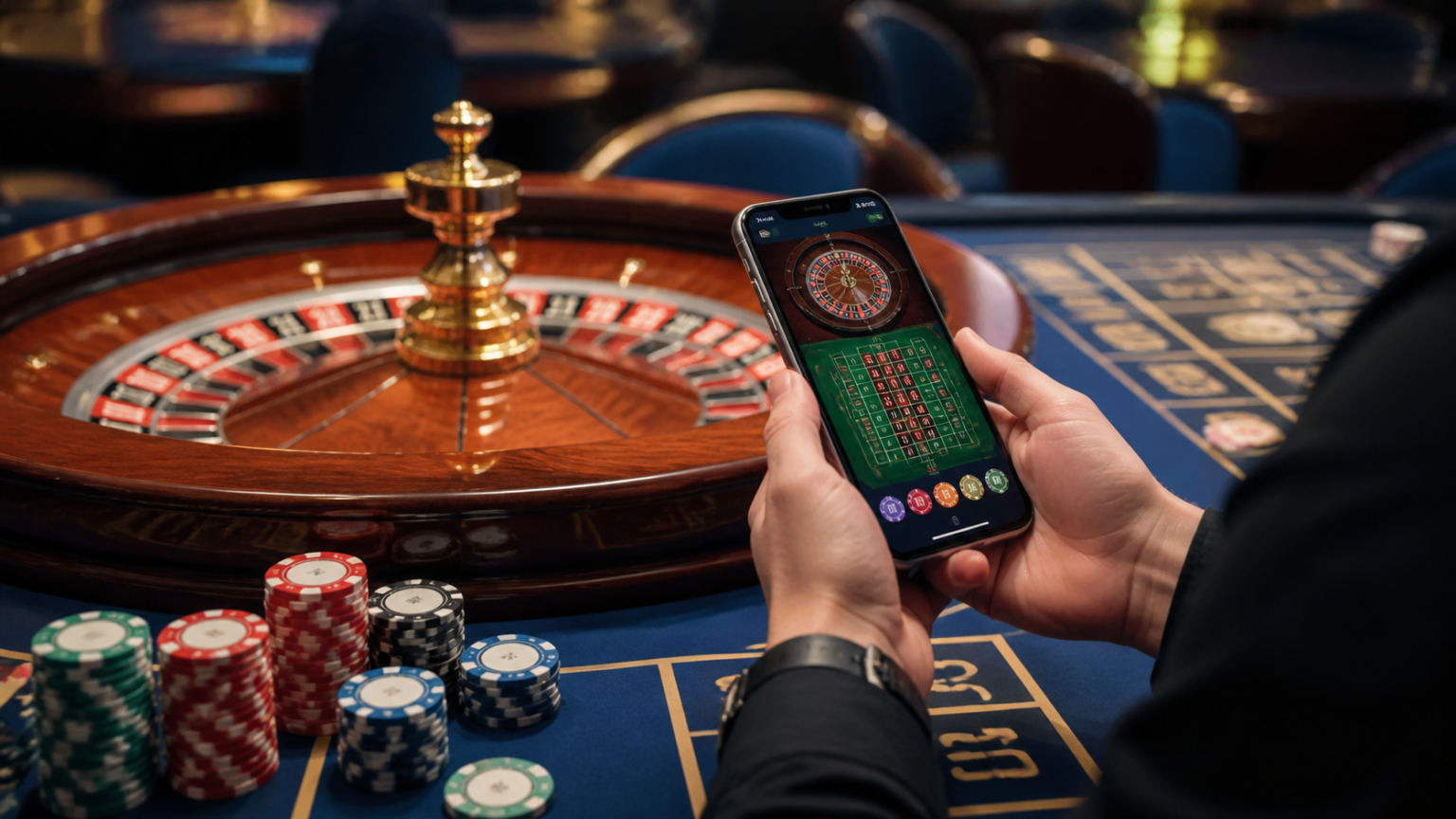 Casino roulette table with smartphone showing crypto casino online