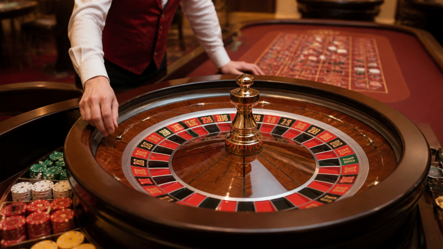 Hiểu các nhóm trò chơi và cách chúng vận hành: game casino trực tuyến Bàn roulette casino với vòng quay, phỉnh và tay người chia bài