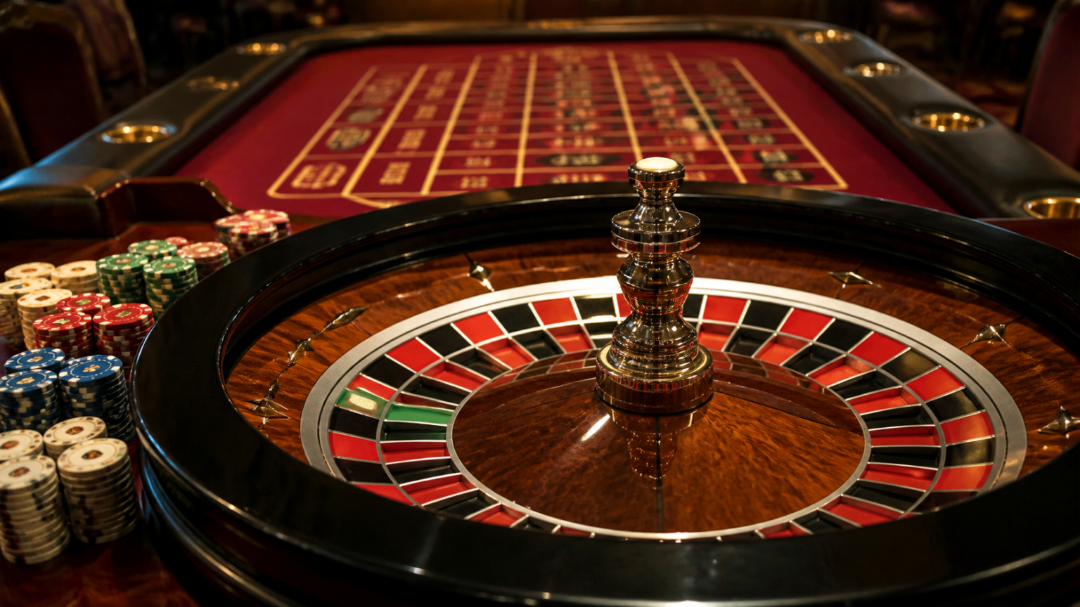 Bàn roulette trong sòng bạc với vòng quay và phỉnh cá cược