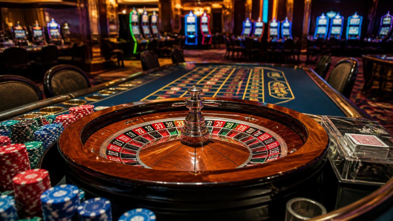 Casino roulette table with chips and cards