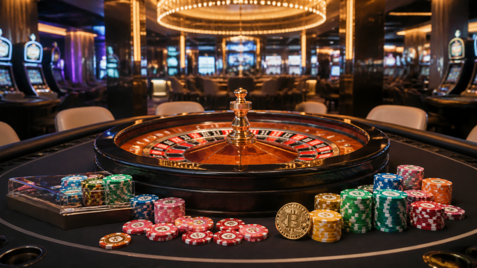 How to Evaluate a Top Crypto Casino for Game Variety Crypto casino gaming floor with slot machines and a roulette table