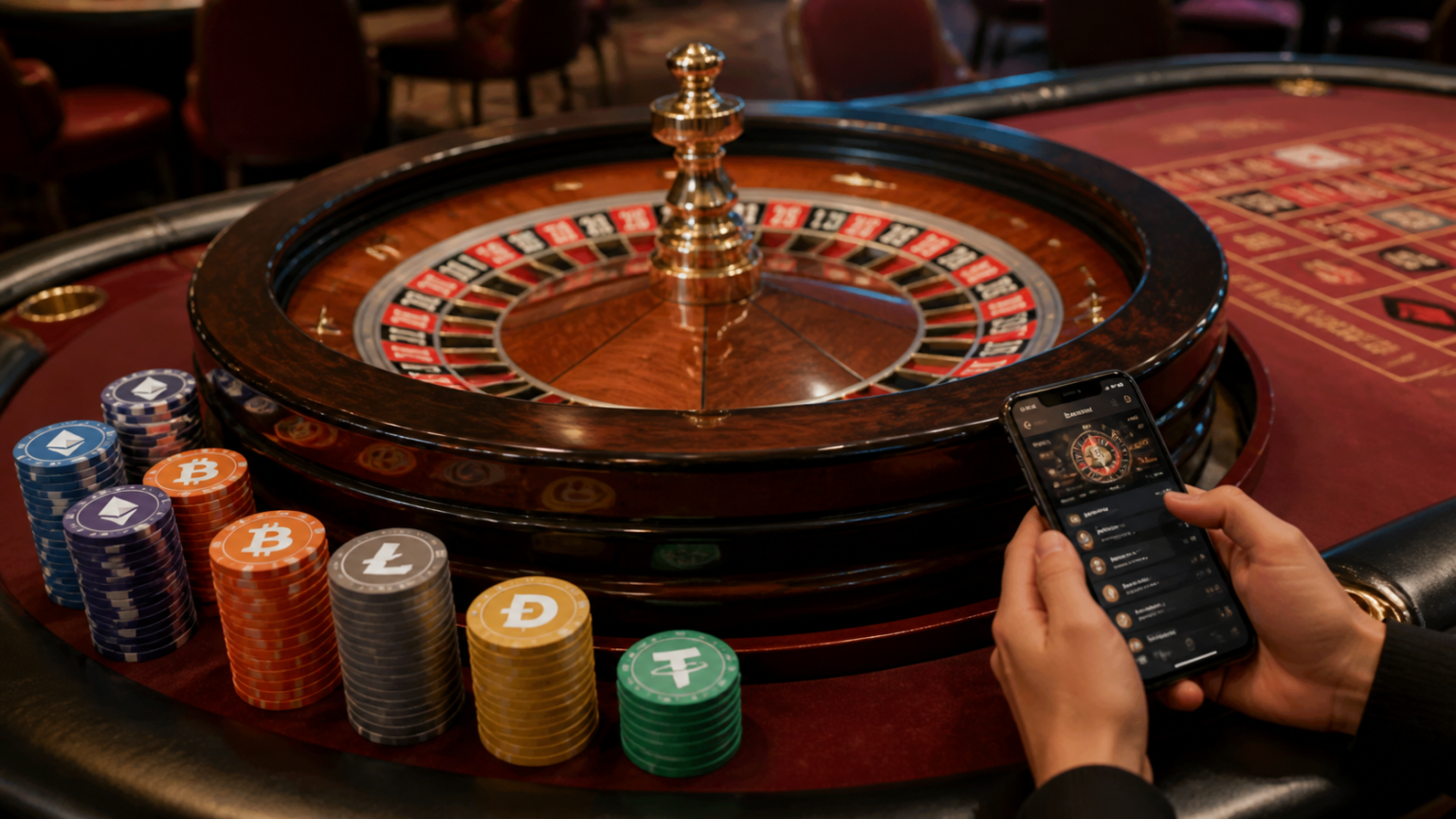 Casino gaming table with crypto-themed chips
