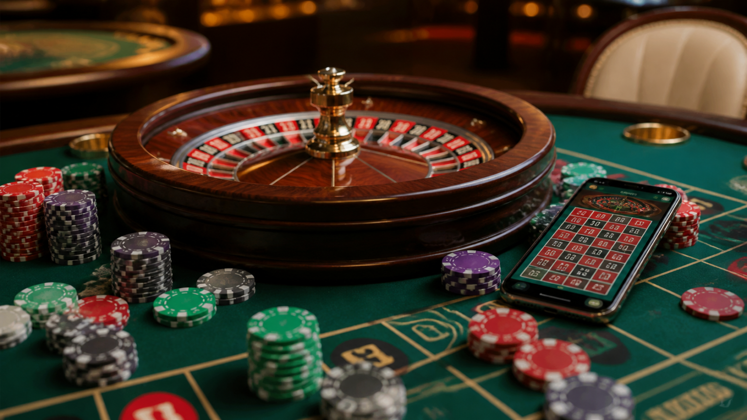 Casino table beside a smartphone showing an online betting site