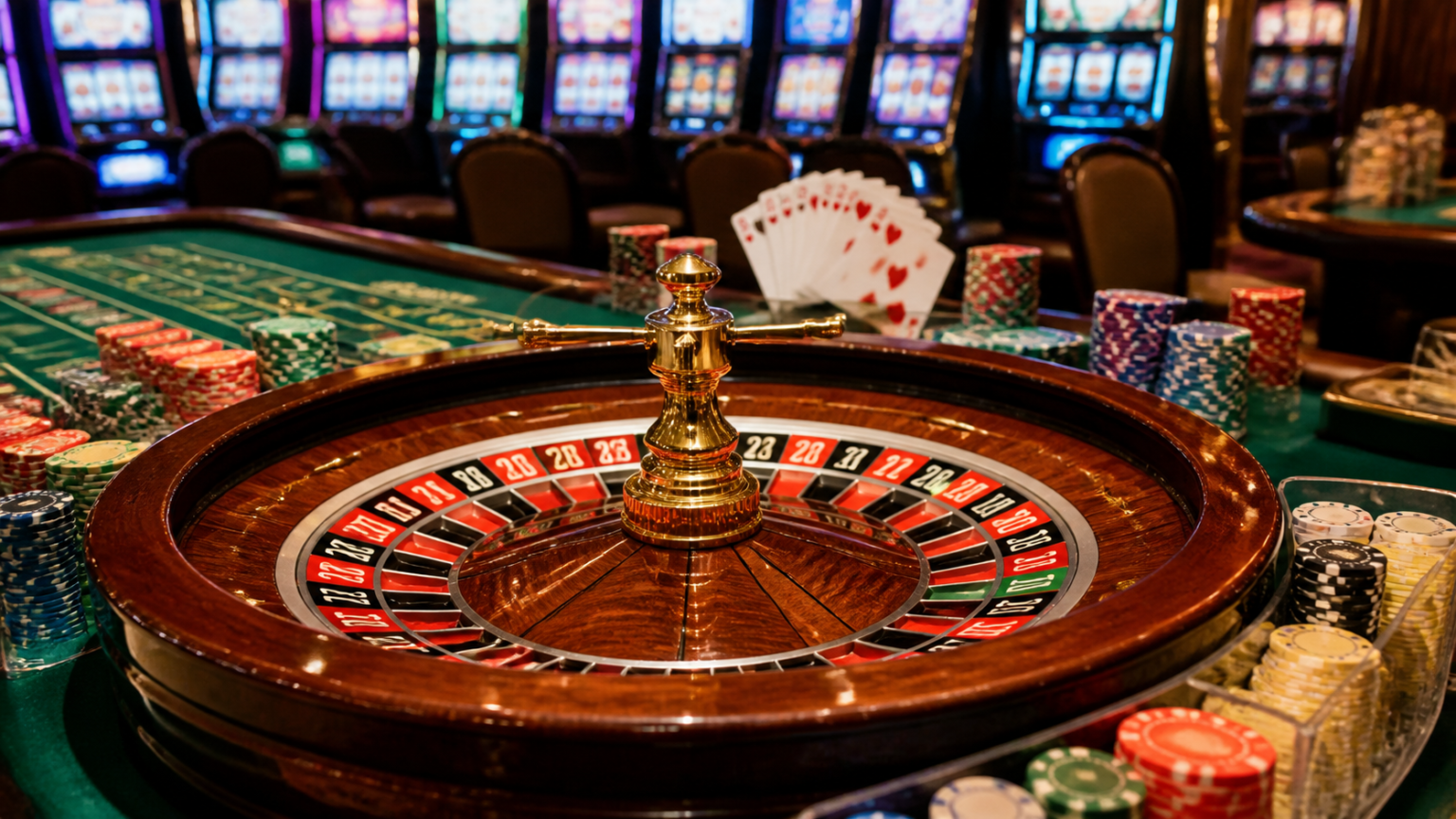 最新のブックメーカー ランキングを比較するためのチェック項目 Casino gaming table with cards and roulette wheel