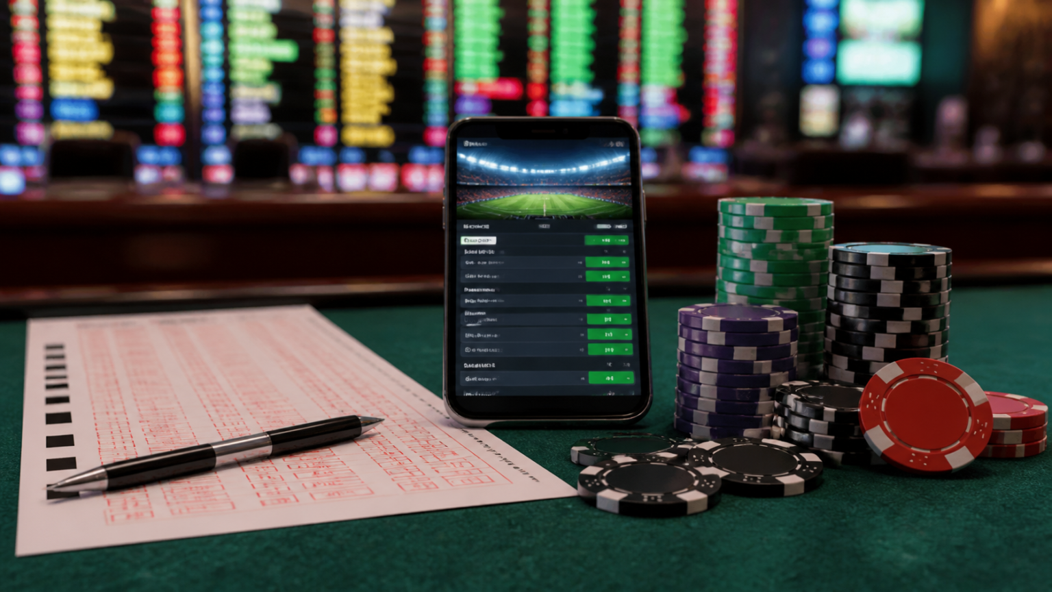 What online sports betting in Malaysia usually involves: online sports betting malaysia Casino-related sports betting setup with phone, betting slip, and chips