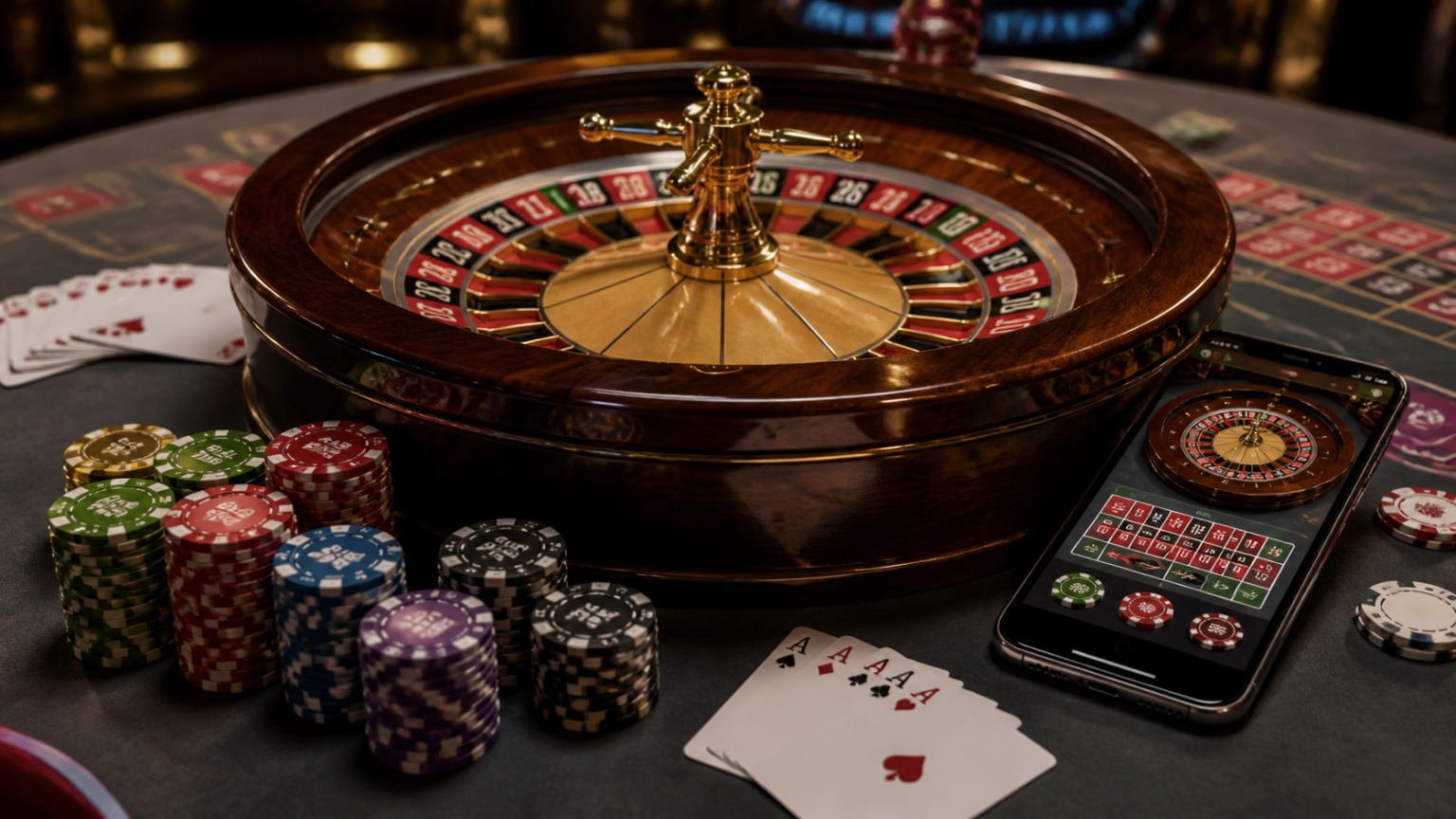 Crypto Casino Italia nel 2026: Tendenze e Novità del Settore Casino gaming setup with cards, roulette wheel, and a phone