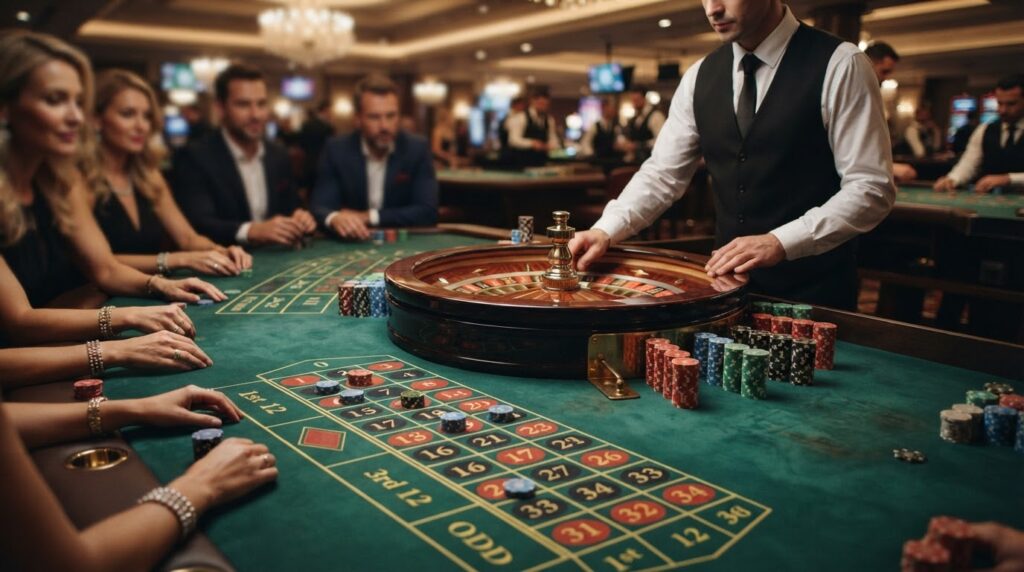 Top 10 nhà cái uy tín nhất hiện nay: Tiêu chí chọn lựa Bàn quay roulette tại casino trực tuyến với ánh đèn hiện đại và chip cược