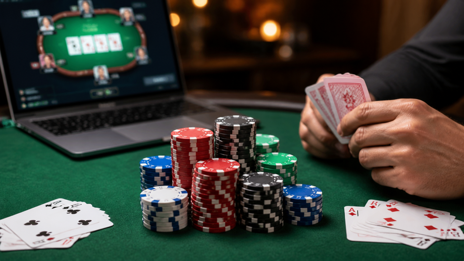 Poker table with chips and cards for real-money poker