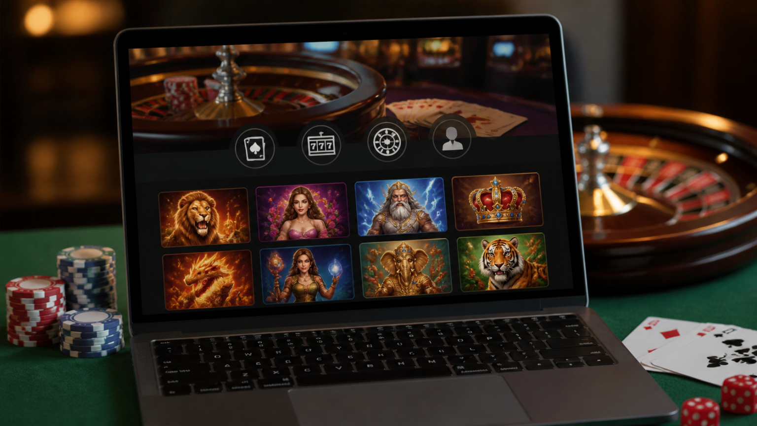 Online casino site displayed on a laptop with casino games visible
